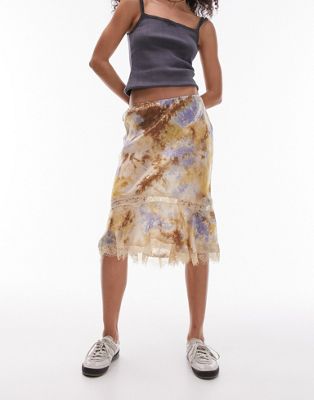 Topshop satin tie dye 90's length skirt with lace trim detail in multi TOPSHOP