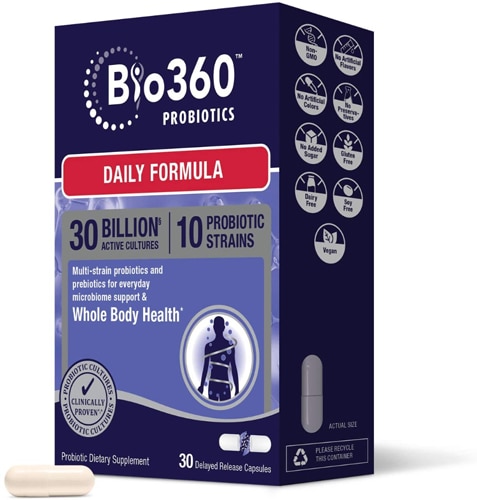 Пробиотики Ежедневная Формула - 30 миллиардов активных культур - 30 капсул с замедленным высвобождением - Bio360 Bio360