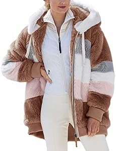 Micoson Women Fashion Color Block Faux Shearling Coat Warm Hooded Zip Up Fuzzy Winter Jacket with Pockets Micoson