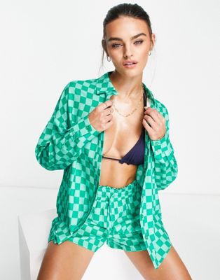 The Frolic corallia long sleeve shirt in green checkerboard print - part of a set The Frolic