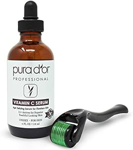 PURA D'OR 25% Vitamin C Serum 4 Oz + 0.25mm Derma Roller Set - Hyaluronic Acid & Retinol Microdermabrasion Skin Care Cosmetic Kit For Face & Eyes, Dark Spots - For Men & Women Pura D'Or