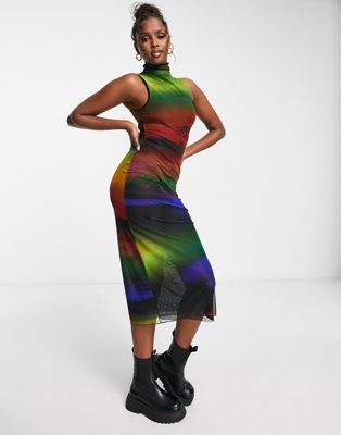 Сетчатое платье макси без рукавов с разноцветным принтом Pull&Bear Pull&Bear