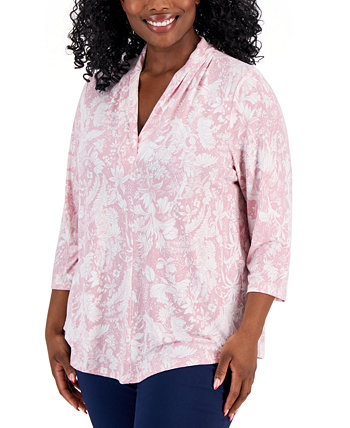 Plus Size Floral-Print Front-Pleat Top, Created for Macy's J&M Collection