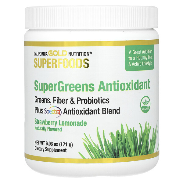 SUPERFOOD Суперзелень с Антиоксидантами, Клубника Лимонад - 171г - California Gold Nutrition California Gold Nutrition