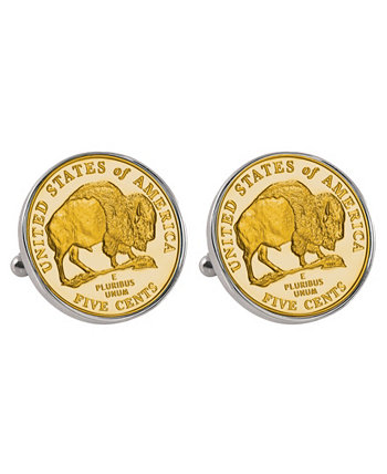 Золотисто-слоистое путешествие на запад 2005 Бизон Джефферсон Никель Безель Монета Запонки American Coin Treasures
