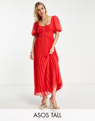 Красное фактурное платье миди со складками и отделкой фестонами ASOS DESIGN Tall ASOS Tall