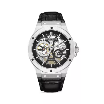 Automatic Stainless Steel &amp; Leather Skeleton Watch/43MM Kenneth Cole