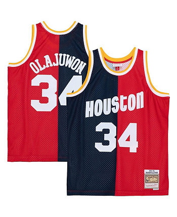 Мужская футболка Hakeem Olajuwon Navy, Red Houston Rockets Big and Tall Hardwood Classics 1993-94 Split Swingman Jersey Mitchell & Ness