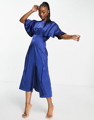 Темно-синее атласное чайное платье миди с рукавами-крылышками AX Paris AX Paris