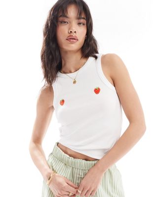 Pieces racer back tank top with embroidered strawberry placement print in white Pieces