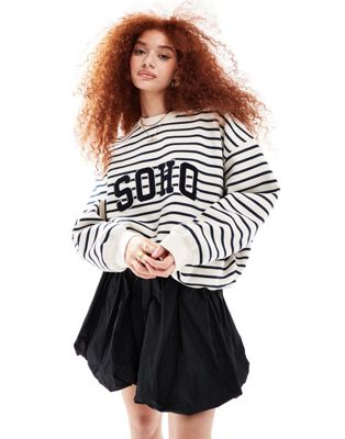 4th & Reckless boucle Soho logo sweatshirt in cream and navy stripe 4TH & RECKLESS