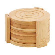 Set of 6  Wood Coasters with Holder for Coffee Table, Hot Drinks, Housewarming Gifts (4.3 Inches) Juvale