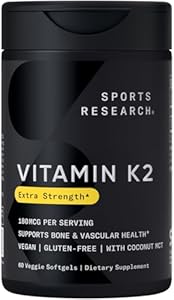 Sports Research Extra Strength Vitamin K2 as MK-7 180mcg with Coconut MCT Oil - 60 Veggie Softgels - Vegan Certified, Non-GMO Verified & Gluten-Free Sports Research