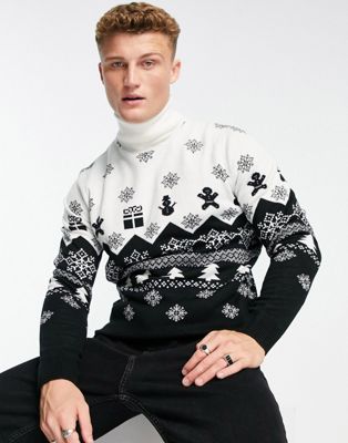 Рождественский свитер черного и экрю с высоким воротником потертого цвета Threadbare