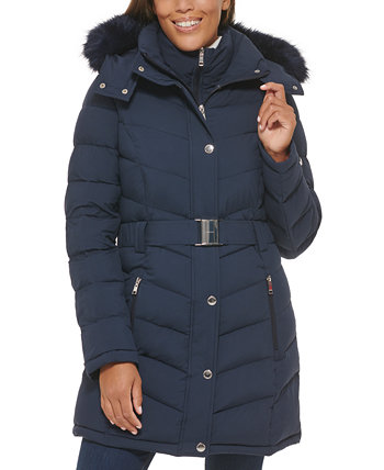 Женское пуховое пальто с поясом и отделкой из искусственного меха с капюшоном, созданное для Macy's Tommy Hilfiger