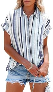 Womens Button Down Shirts Short Sleeve Summer Linen V Neck Collared Stripes Casual Blouses Tops with Pocket Aoudery