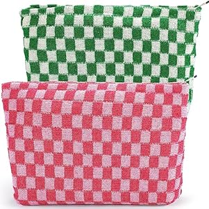 ZLFSRQ 2Pcs Checkered Makeup Bag for Women Large Cosmetic Bag Set Travel Toiletry Bag Makeup Pouch Bag for Purse Pink Zipper Storage Bag Organizer Cute Small Aesthetic Girls Car Essentials Bag Zlfsrq