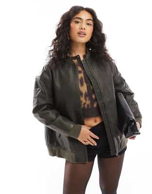 Wednesday's Girl longline faux leather bomber jacket in washed khaki brown Wednesday's Girl