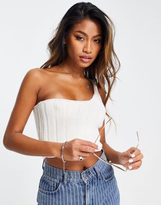 ASOS DESIGN knitted top with one shoulder strap in cream ASOS DESIGN