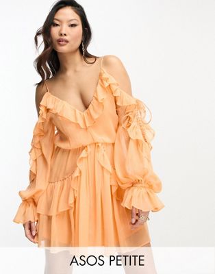 Женское мини-платье ASOS DESIGN Petite с заклёпками, деталью-завязкой и оборками в персиковом цвете ASOS Petite