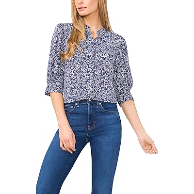 Open Collar Short Sleeve Top with Hidden Placket CeCe