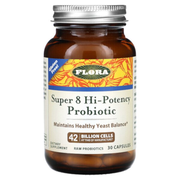 Высокоэффективный пробиотик Super 8, 42 миллиарда клеток, 30 капсул Flora