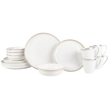 Fitz & Floyd 16-Piece Nevaeh White Coupe Gold Bands Dinnerware Set Fitz & Floyd