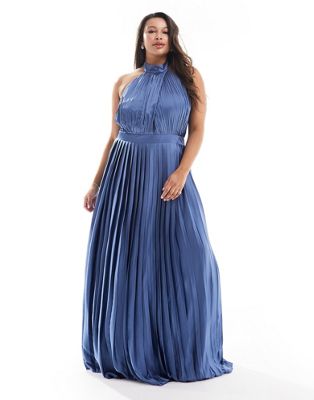 TFNC Plus Bridesmaid satin pleated halterneck maxi dress with full skirt in aster blue  TFNC