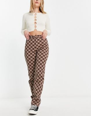 Only high waisted straight leg pants in brown checkerboard   ONLY