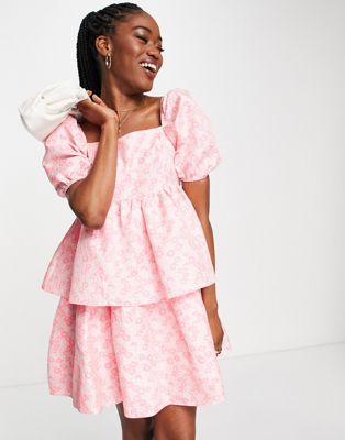 Collective The Label puff sleeve tiered smock dress in textured pink floral Collective The Label