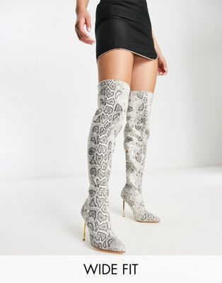 Simmi London Wide Fit Duke stiletto heel over the knee boots in off white snake print  Simmi Wide Fit