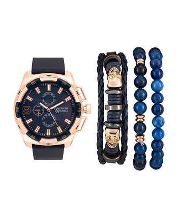 Мужские розовые золотые / темно-синие аналоговые кварцевые часы и праздничный набор American Exchange