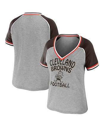 Women's Heather Gray Distressed Cleveland Browns Cropped Raglan Throwback V-Neck T-shirt WEAR by Erin Andrews