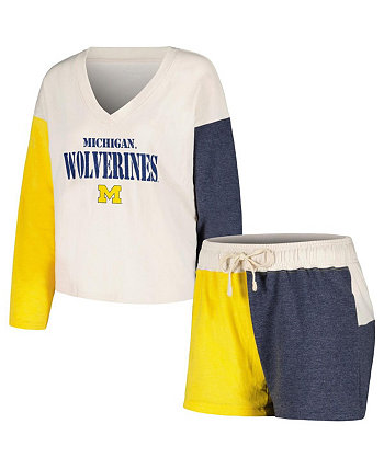 Женский кремовый рваный комплект из футболки и шорт с v-образным вырезом и длинными рукавами с цветными блоками Michigan Wolverines Wes & Willy