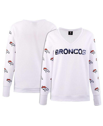 Женская белая флисовая футболка с v-образным вырезом и пайетками Denver Broncos Cuce