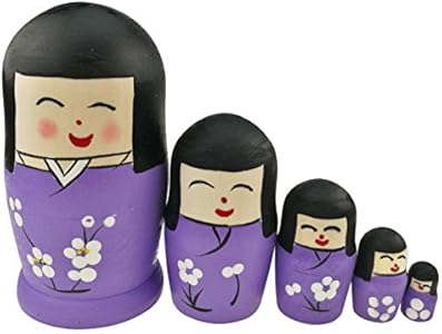 Winterworm Set of 5 Cute Japanese Kokeshi Nesting Dolls Matryoshka Madness Russian Doll Popular Handmade Kids Girl Gifts Christmas Toy -Cherry Blossom -Purple Winterworm