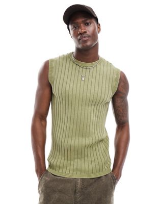 ASOS DESIGN muscle fit washed knitted tank top in khaki rib ASOS DESIGN