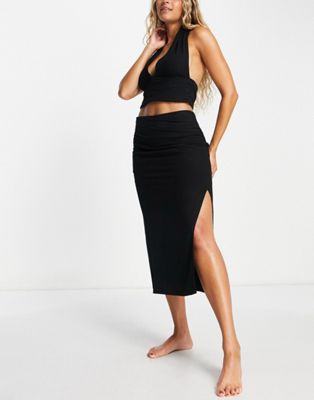 4th & Reckless Lotus linen ruched skirt with split in black - part of a set  4TH & RECKLESS