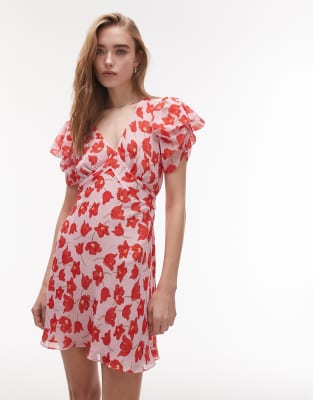 Topshop pinned sleeve mini tea dress in pink red floral Topshop