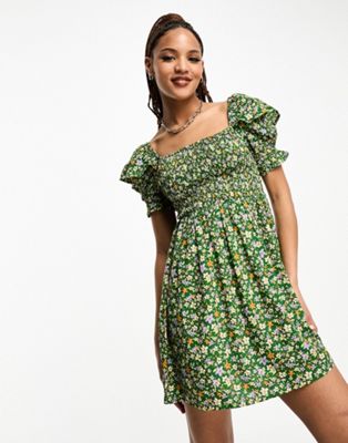 Зеленое платье мини с пышными рукавами и присборенной грудью Influence Influence