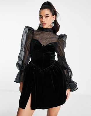 Черное бархатное платье мини с высоким воротником и прозрачными рукавами ASOS LUXE ASOS Luxe