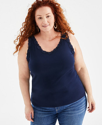 Plus Size Lace-Trimmed Tank Top, Created for Macy's Style & Co