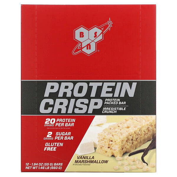 Protein Crisp, ванильный зефир, 12 батончиков по 1,97 унции (56 г) каждый BSN