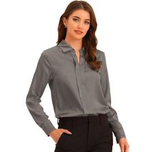 Женская элегантная однотонная атласная блузка с длинным рукавом и V-образным вырезом ALLEGRA K
