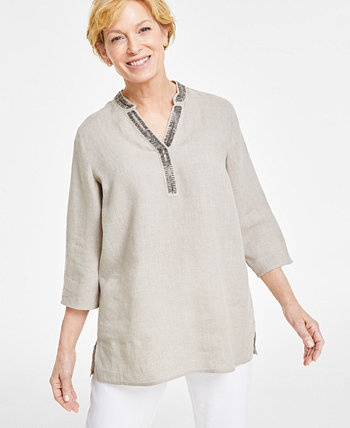 Women's 100% Linen Embellished Split-Neck Tunic, Created for Macy's Charter Club