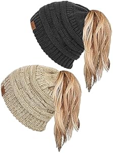 Шапка бини sy soul young Ponytail Messy Bun Beanie Tail Knit Hole Soft Stretch Cable Winter Hat for Women Sy soul young