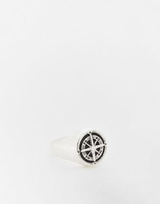 Серебряное кольцо с печаткой ASOS DESIGN с изображением компаса ASOS DESIGN