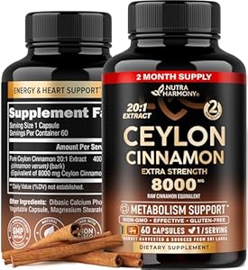 Ceylon Cinnamon Capsules (Капсулы) - 8000 mg, Extra Strength - Made in USA - Energy, Heart & Metabolism Support - for Men & Women - Pure Natural Extract 20:1 Supplement - 60 Vegan Pills, 2 Month Supply NUTRAHARMONY