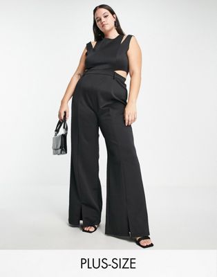 Extro & Vert Plus tailored wide leg cut out jumpsuit in black Extro & Vert Plus