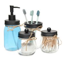 Mason Jar Bathroom Accessories Set with Soap Dispenser, Toothbrush Holder (4 Pieces) Okuna Outpost